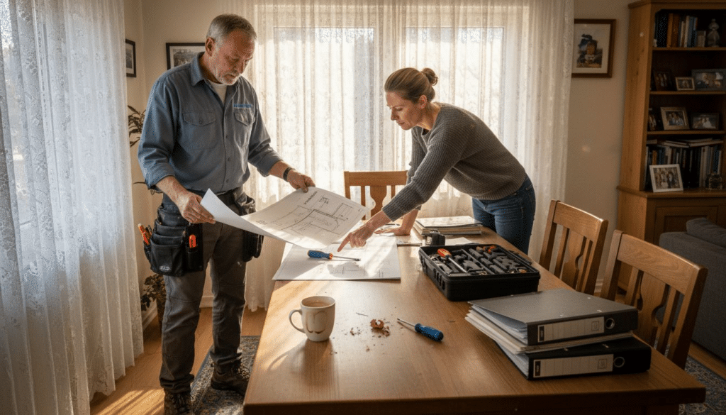 7 Tipps für Hausherrn bei Elektrotechnik Firmenwahl 10 Ein Elektriker bespricht gemeinsam mit dem Hauseigentümer die Elektroinstallation und geht dabei die Pläne für das Gebäude durch.