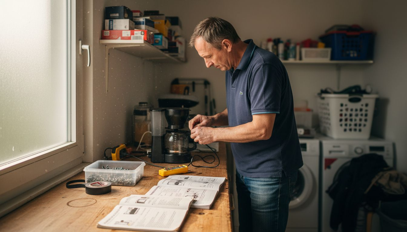 Ein Mann überprüft ein Elektrogerät im Hauswirtschaftsraum seiner Wohnung. Ein Mann überprüft ein Elektrogerät im Hauswirtschaftsraum seiner Wohnung.