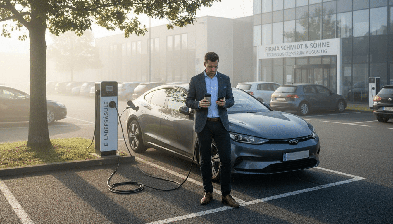 Firmenparkplatz mit E-Auto und eigener Ladestation Firmenparkplatz mit E-Auto und eigener Ladestation