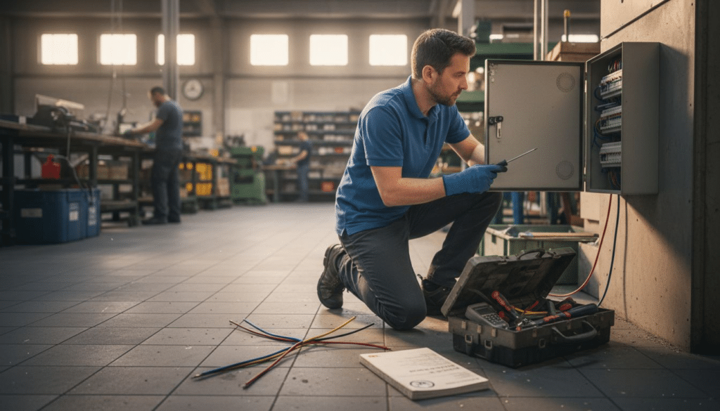 Ein Servicetechniker kontrolliert den Sicherungskasten in der Firma.