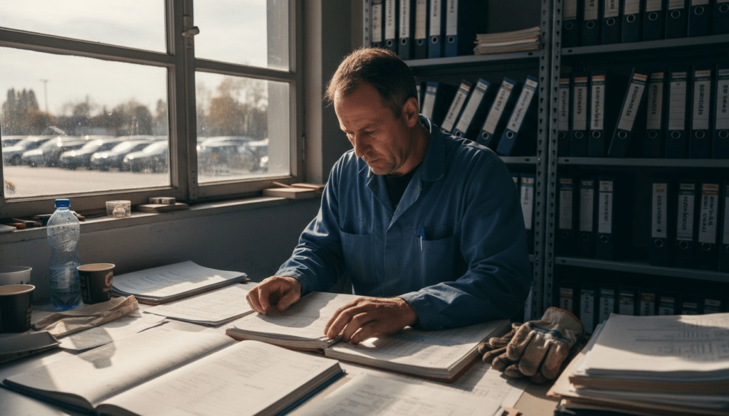 Ein Techniker überprüft im Büro die Wartungsunterlagen.