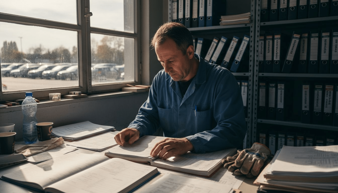 Ein Techniker überprüft im Büro die Wartungsunterlagen.