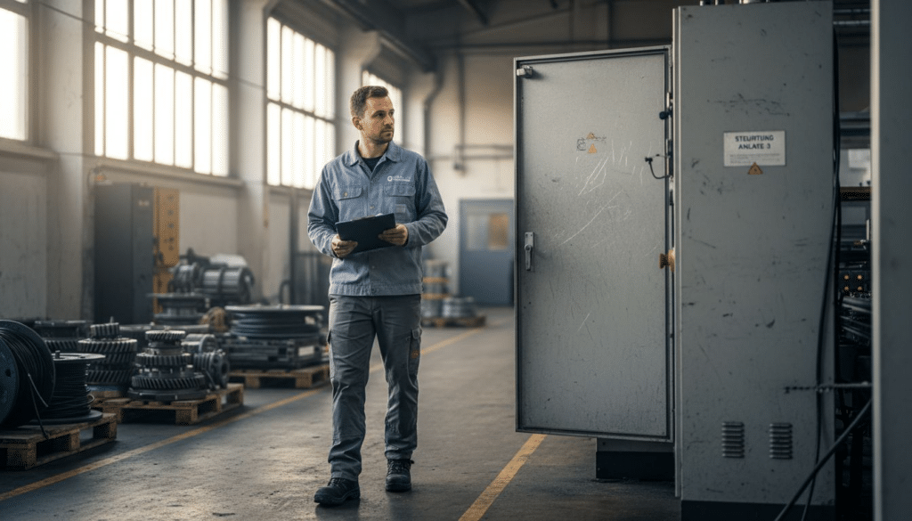 Ein Servicetechniker führt in der Produktionshalle eine Kontrolle am Schaltschrank durch.