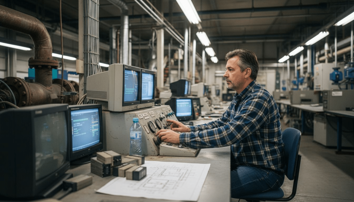 Der Hausmeister stellt im Technikraum die Anlagen neu ein. Der Hausmeister stellt im Technikraum die Anlagen neu ein.