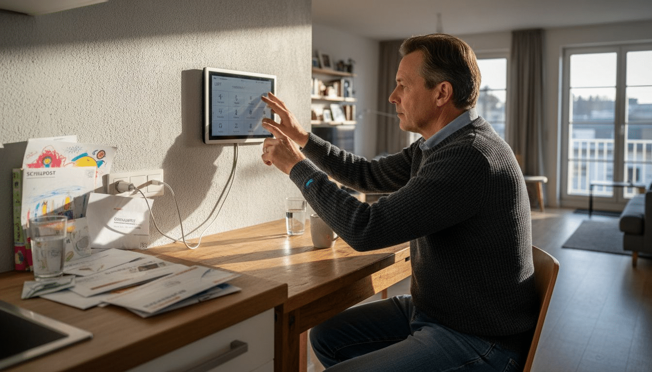Ein Mann steuert sein Smart Home über ein Bedienpanel in seiner hellen Küche.