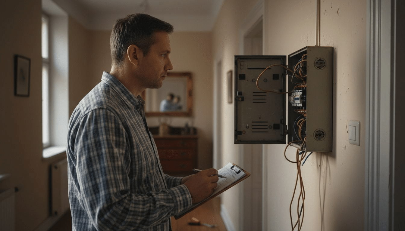 Im Flur nimmt der Elektriker den Sicherungskasten genau unter die Lupe.