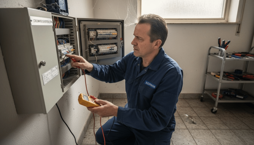 Ein Elektriker überprüft den Sicherungskasten im Hauswirtschaftsraum.