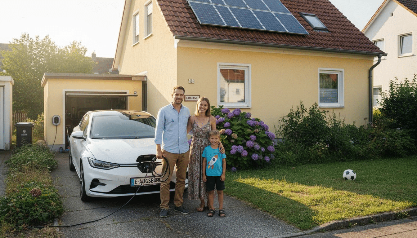 Eine Augsburger Familie setzt auf Nachhaltigkeit: Mit ihrem Elektroauto und einer Photovoltaikanlage auf dem Dach gestalten sie ihre Mobilität umweltfreundlich und nutzen die Sonnenenergie direkt zu Hause. Eine Augsburger Familie setzt auf Nachhaltigkeit: Mit ihrem Elektroauto und einer Photovoltaikanlage auf dem Dach gestalten sie ihre Mobilität umweltfreundlich und nutzen die Sonnenenergie direkt zu Hause.