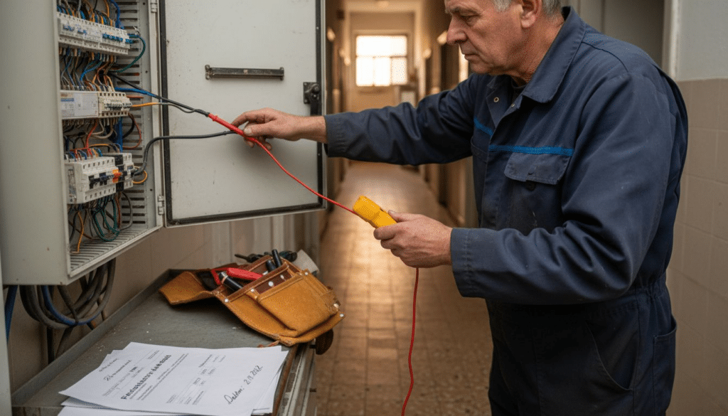 Brandschutz Elektroanlagen: 33% Brände vermeiden mit VdS 2023 11 Ein Elektriker kontrolliert den Sicherungskasten im Flur.