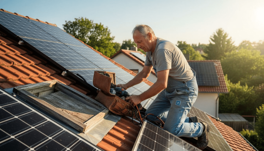 Was ist Solarenergie? 70% Kostensenkung für Augsburg 10 Auf einem Hausdach in Augsburg werden gerade Solarmodule montiert – ein Handwerker sorgt dafür, dass alles fachgerecht installiert wird.