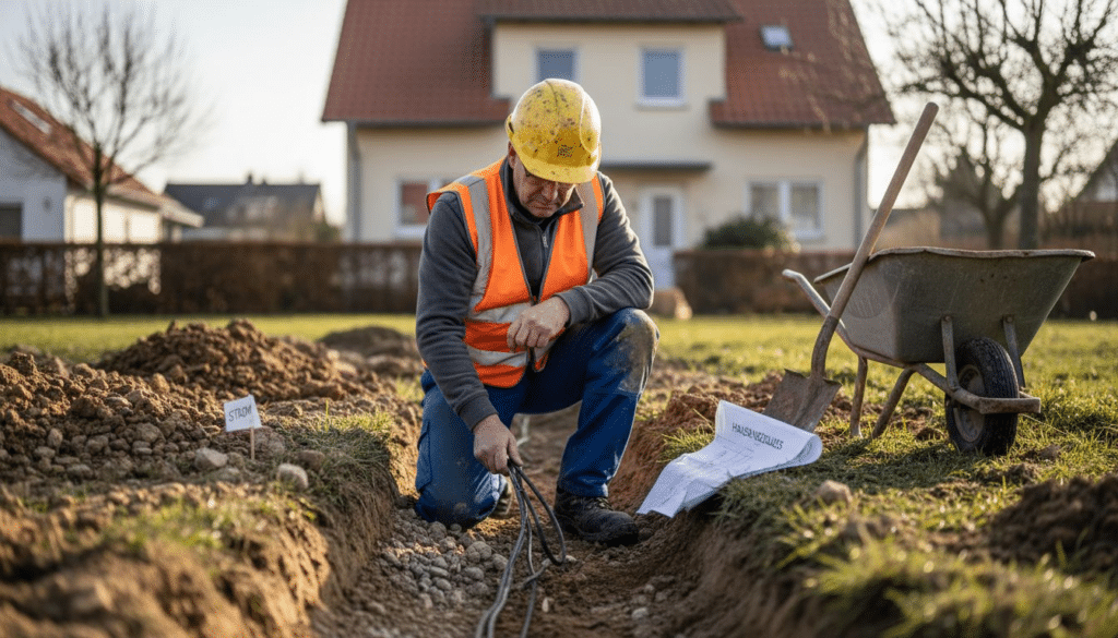 Hausanschluss Augsburg 2026: ab 10.000 € planen 9 Ein Mitarbeiter überprüft die Baustelle für den Hausanschluss in Augsburg.