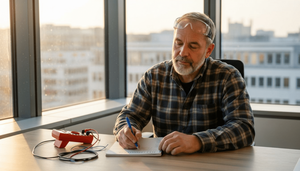 Messprotokolle Elektrotechnik 2026: 20% Fehler vermeiden 8 Ein Elektrotechniker überprüft am Schreibtisch die Messprotokolle.