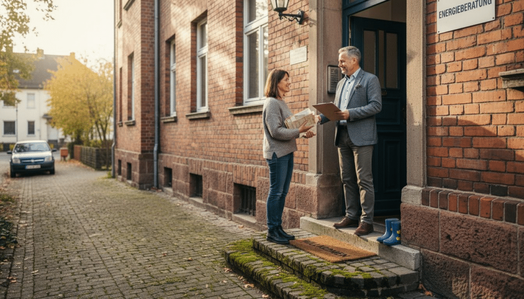 Ein Energieberater heißt die Hausbesitzer vor ihrem Eigenheim willkommen.