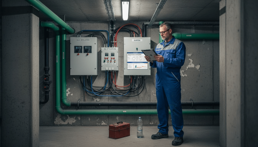 Ein Techniker überprüft die gebäudetechnischen Anlagen.