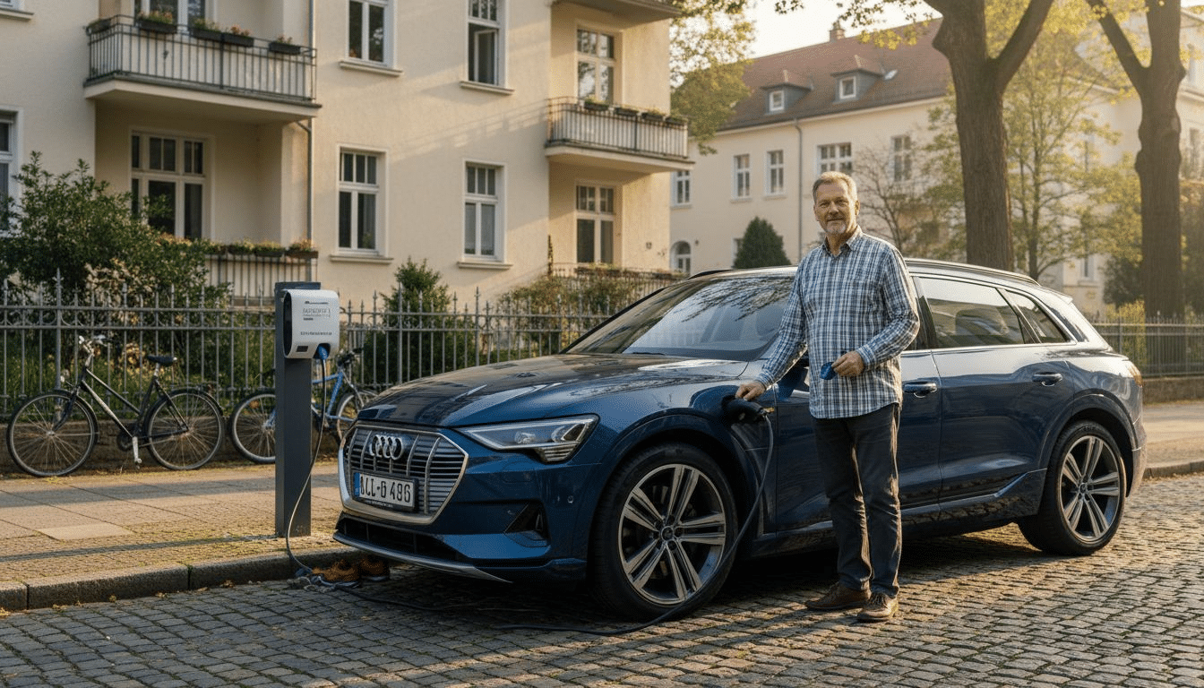 Ein Mann lädt sein E-Auto direkt vor seinem Wohnhaus in Augsburg auf.