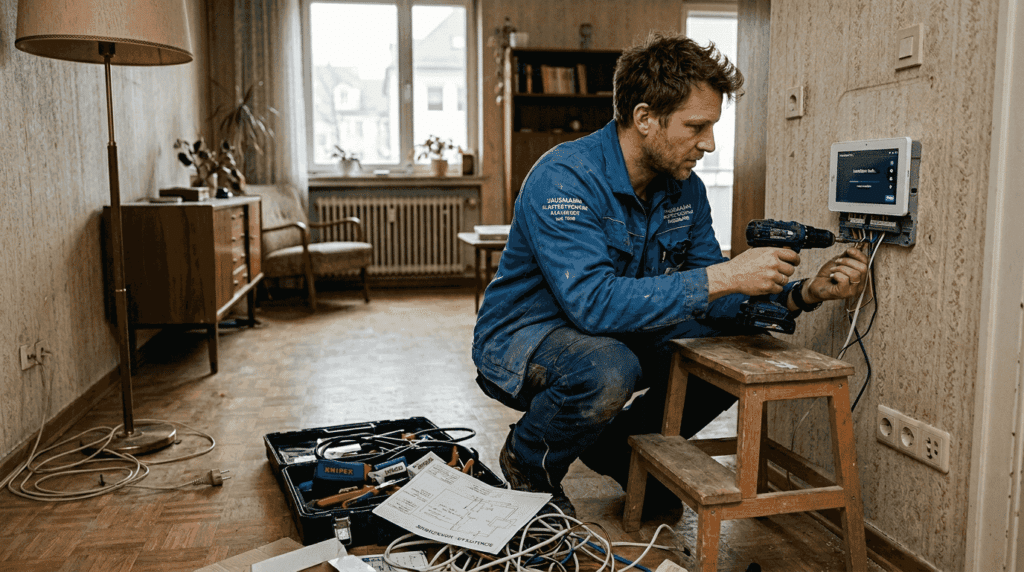 In Augsburg installiert ein Elektriker ein Smart-Home-Bedienpanel.