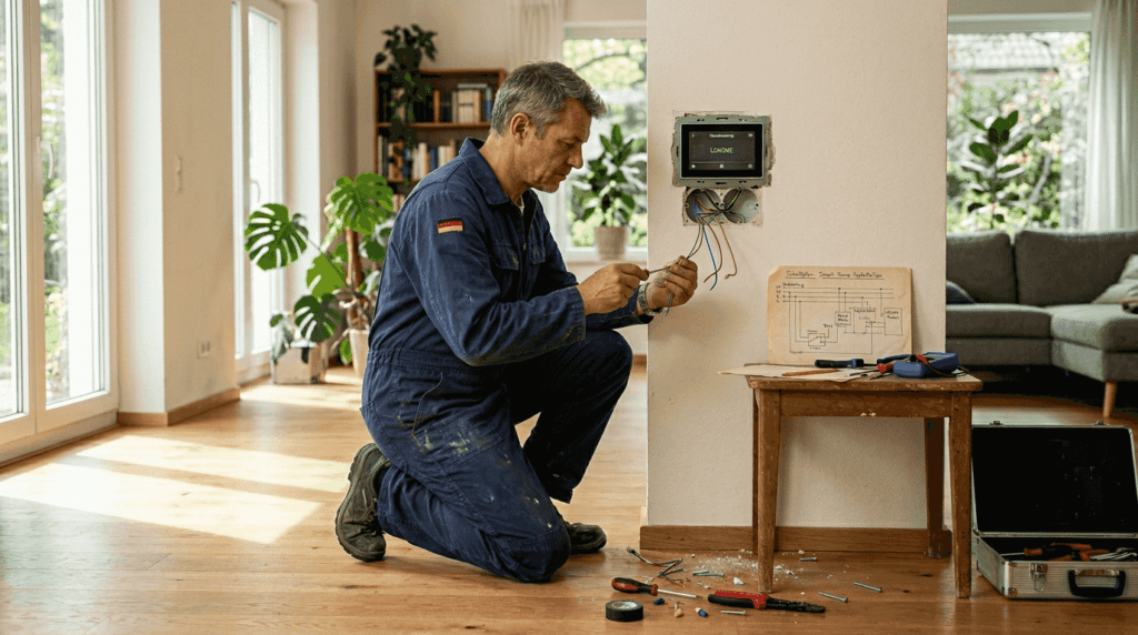 Ein Elektriker installiert im Wohnzimmer ein Smart-Home-System.