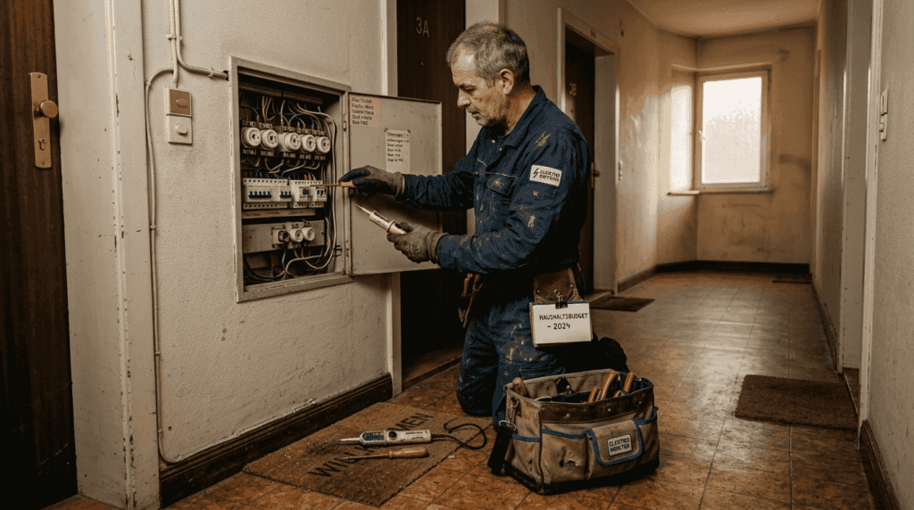 Ein Elektriker kontrolliert den Sicherungskasten im Flur eines Wohnhauses.