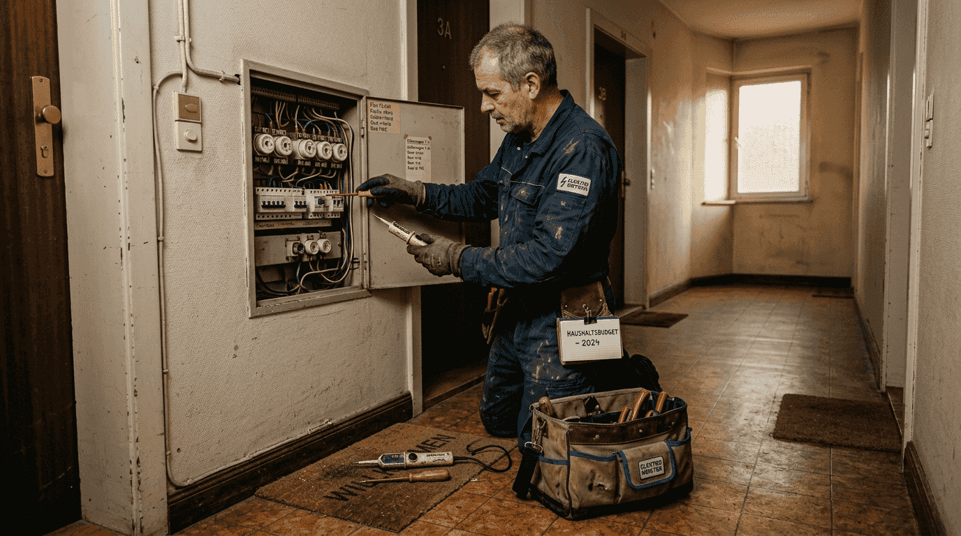 Ein Elektriker kontrolliert den Sicherungskasten im Flur eines Wohnhauses. Ein Elektriker kontrolliert den Sicherungskasten im Flur eines Wohnhauses.