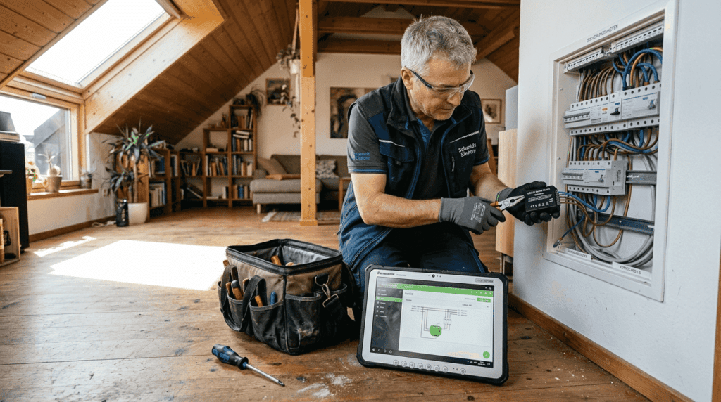 Ein Elektriker richtet in einer Wohnung ein Smart-Home-System ein.