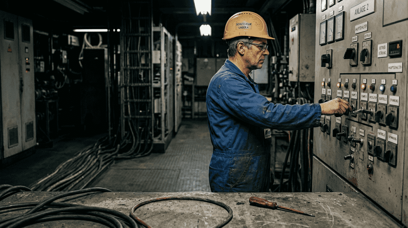 Im Kontrollraum führt ein Elektriker eine Überprüfung des Brandschutzes durch. Im Kontrollraum führt ein Elektriker eine Überprüfung des Brandschutzes durch.