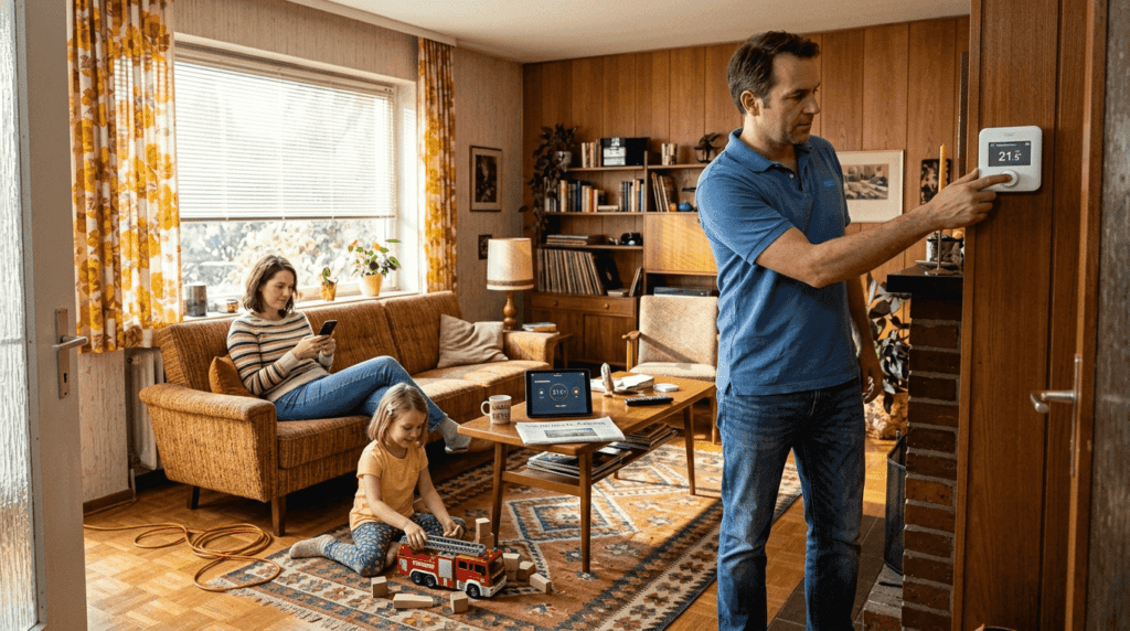 Eine Familie richtet ihr Wohnzimmer als smartes Zuhause ein.
