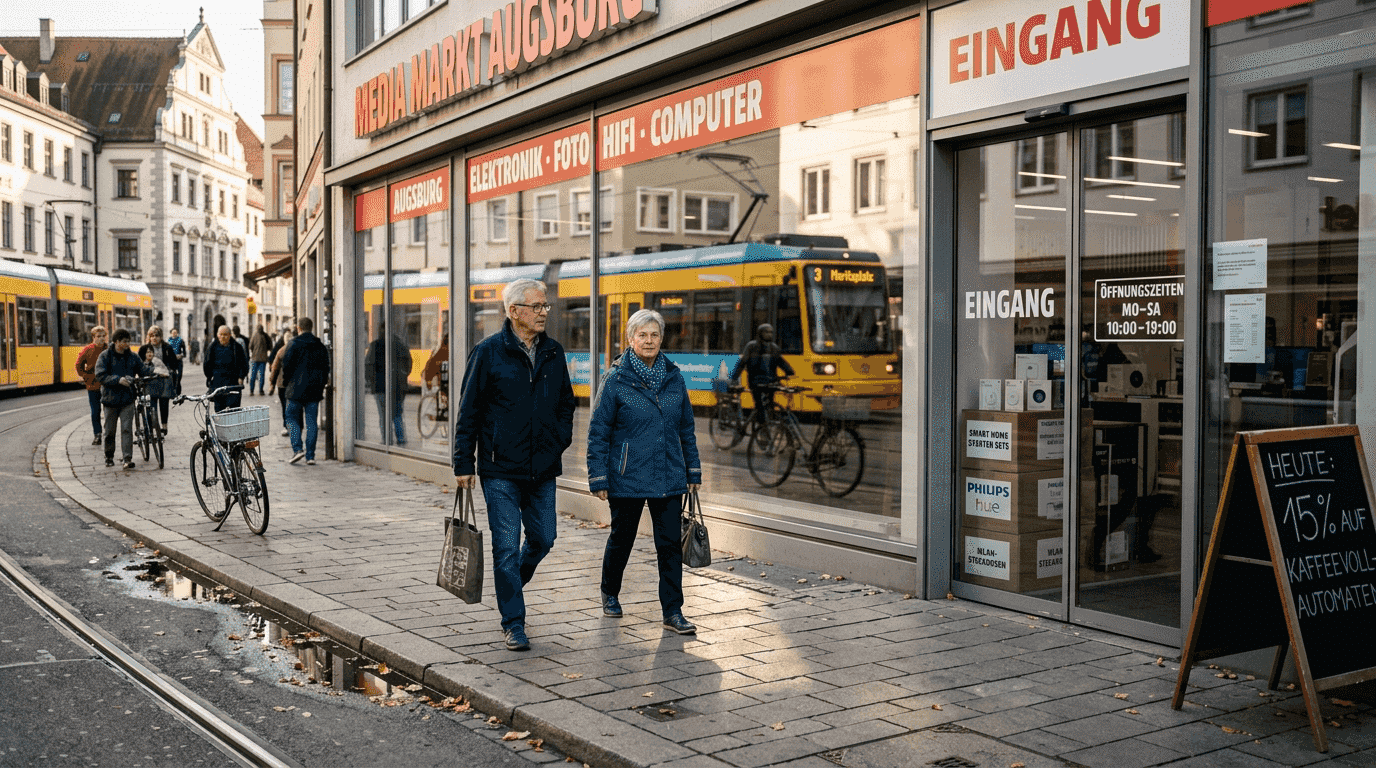 Blick auf die Fassade eines Elektronikgeschäfts in Augsburg