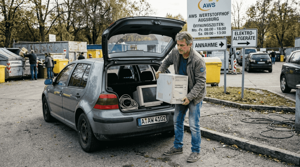 Ein Mann bringt ausrangierte Elektrogeräte zum Recyclinghof in Augsburg.