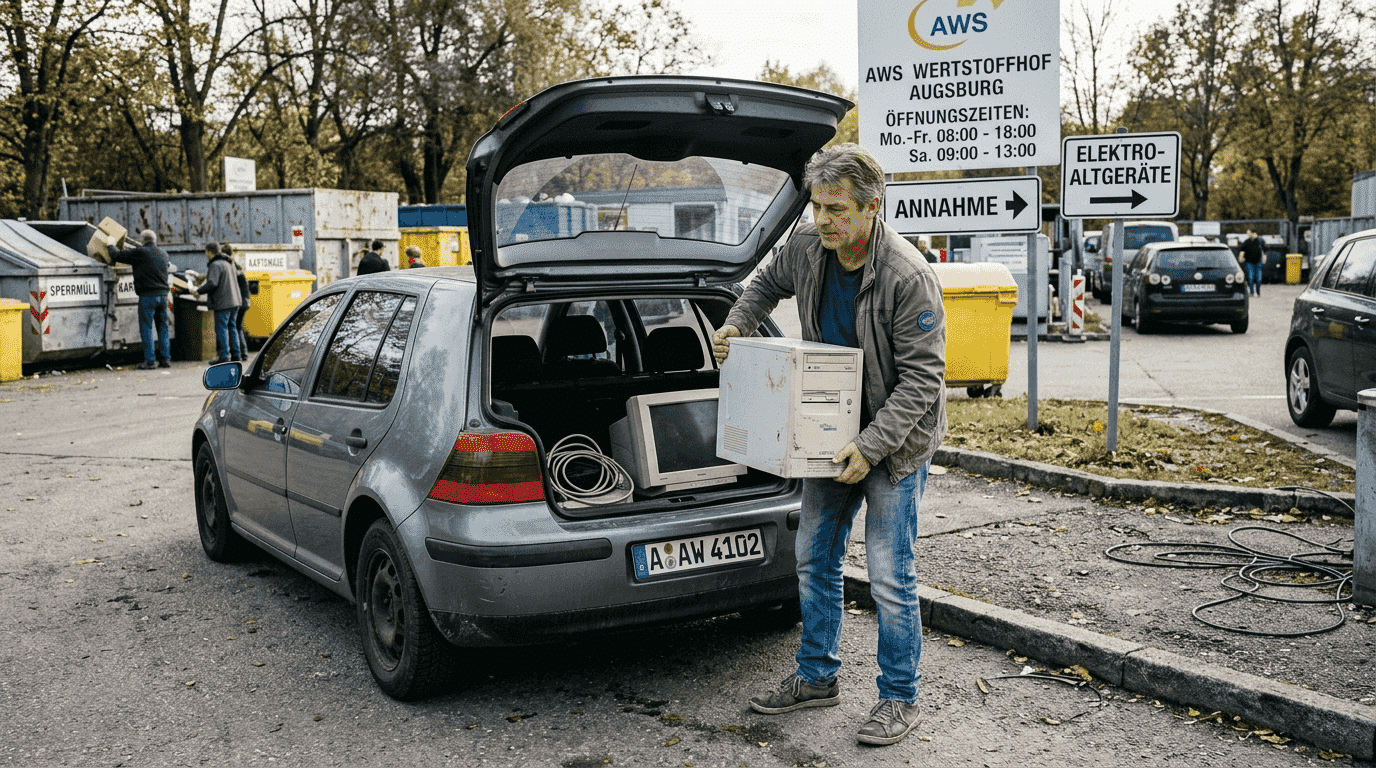 Ein Mann bringt ausrangierte Elektrogeräte zum Recyclinghof in Augsburg.