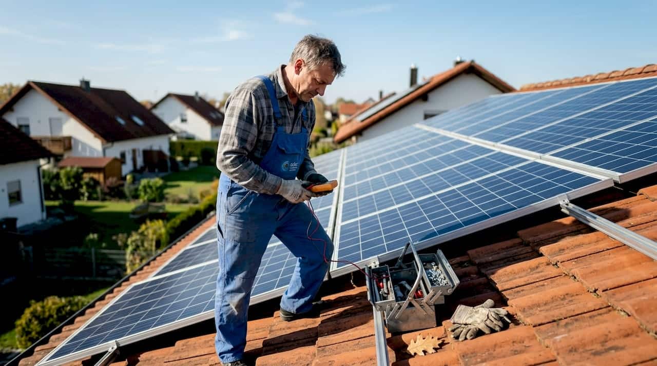 Ein Techniker überprüft die Photovoltaikanlage auf dem Dach.