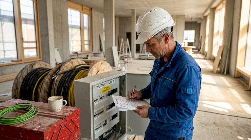 Elektrosicherheit im Bau workflow effizient umsetzen 2026 4 Eine qualifizierte Elektrofachkraft kontrolliert den Baustellenverteiler während der Rohbauphase.