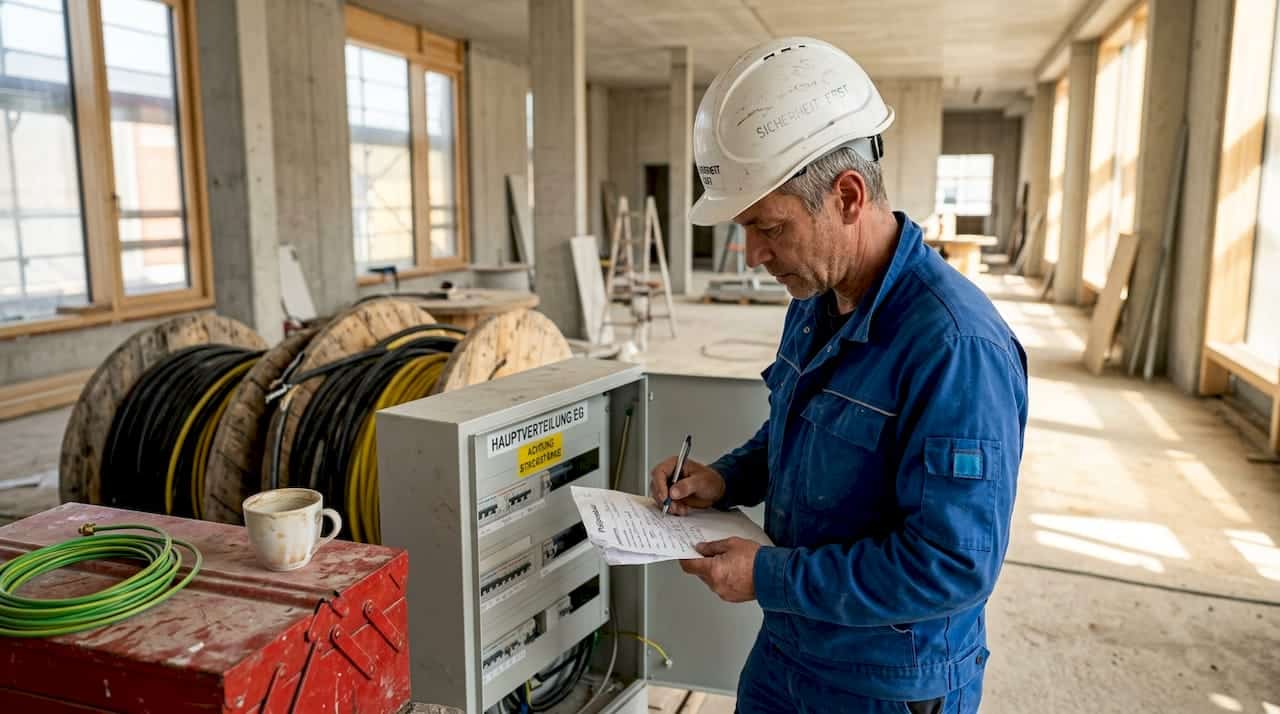 Eine qualifizierte Elektrofachkraft kontrolliert den Baustellenverteiler während der Rohbauphase.
