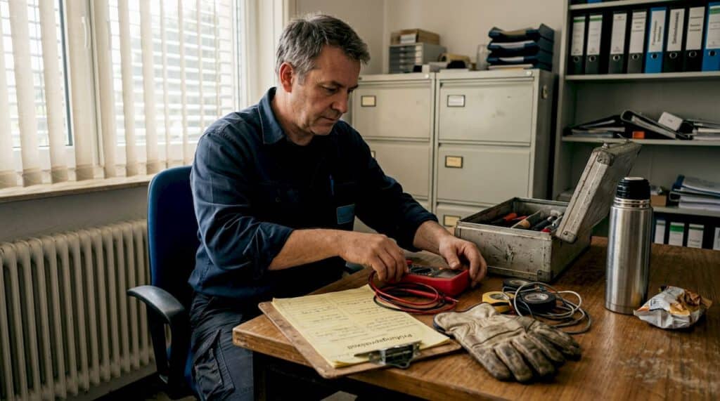 Ein Elektriker rüstet die Geräte für die anstehende Sicherheitsüberprüfung aus.