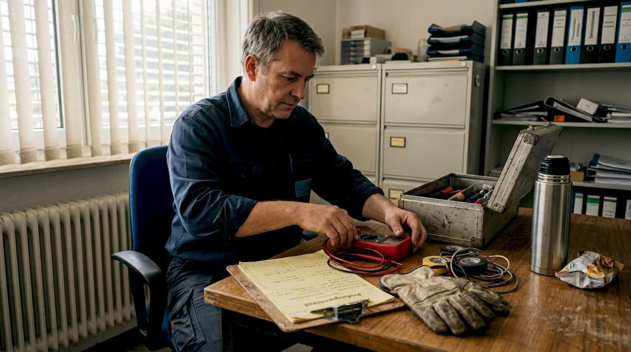 Ein Elektriker rüstet die Geräte für die anstehende Sicherheitsüberprüfung aus.