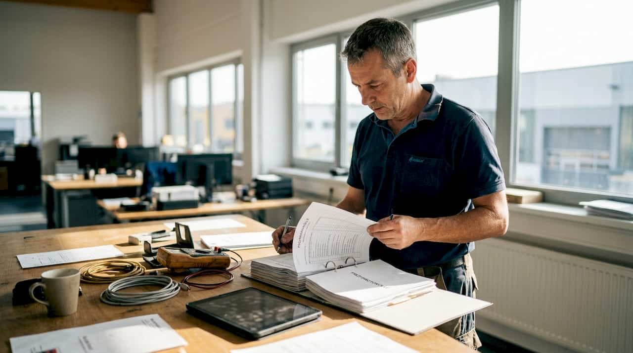 Der Elektriker geht die Sicherheits-Checkliste Schritt für Schritt durch. Der Elektriker geht die Sicherheits-Checkliste Schritt für Schritt durch.