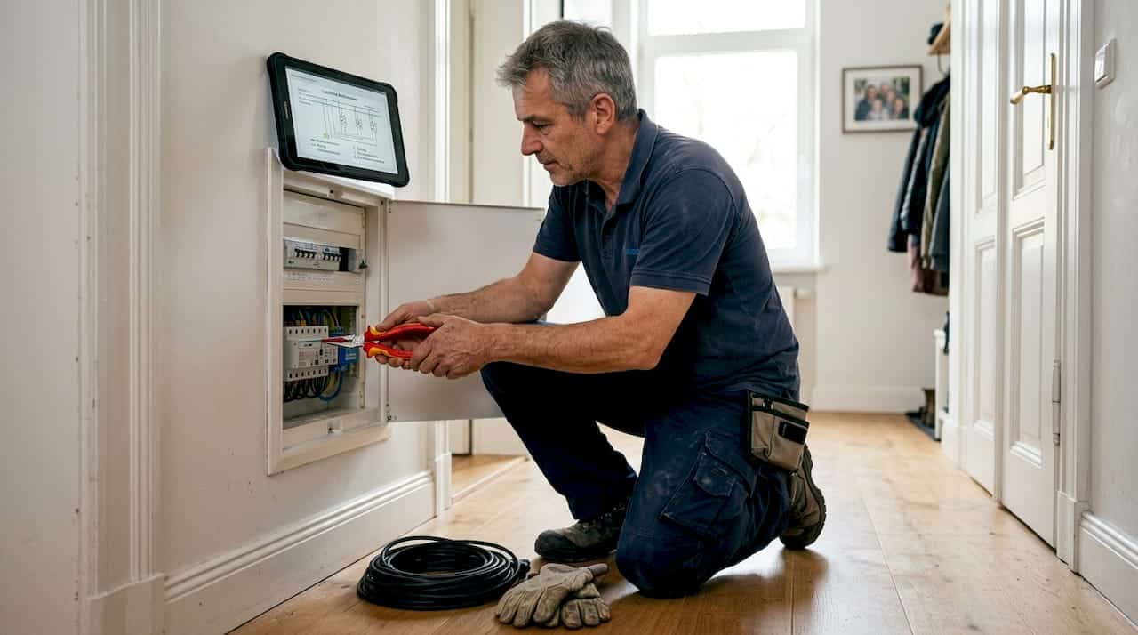 Ein Elektriker richtet ein modernes Smart-Home-System ein.