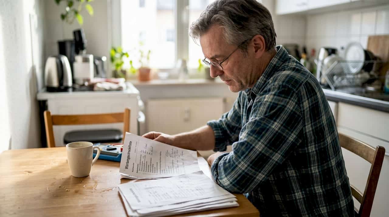 Ein Techniker überprüft die Wartungsliste in der Küche.