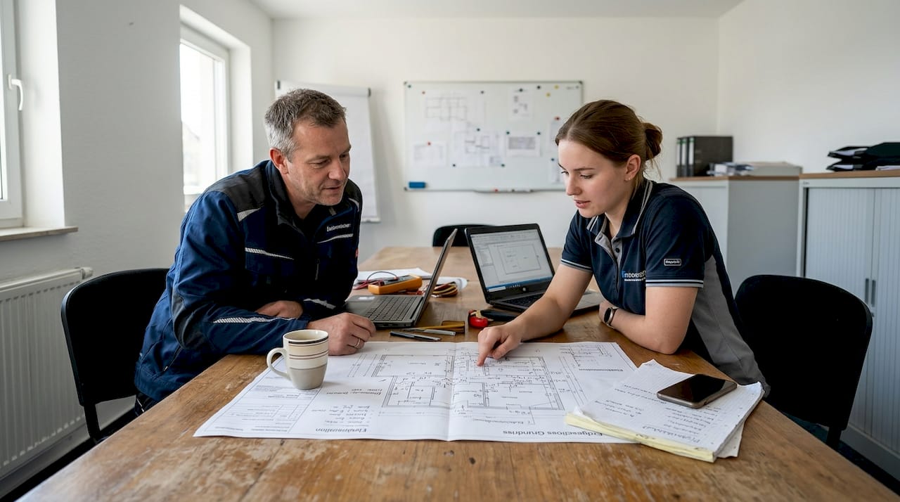 Ein Elektromeister und ein Techniker nehmen die Baupläne genau unter die Lupe.