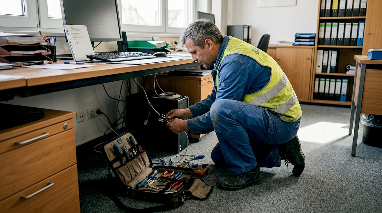 Ein Elektriker richtet die neue Telefonanlage im Büro ein.