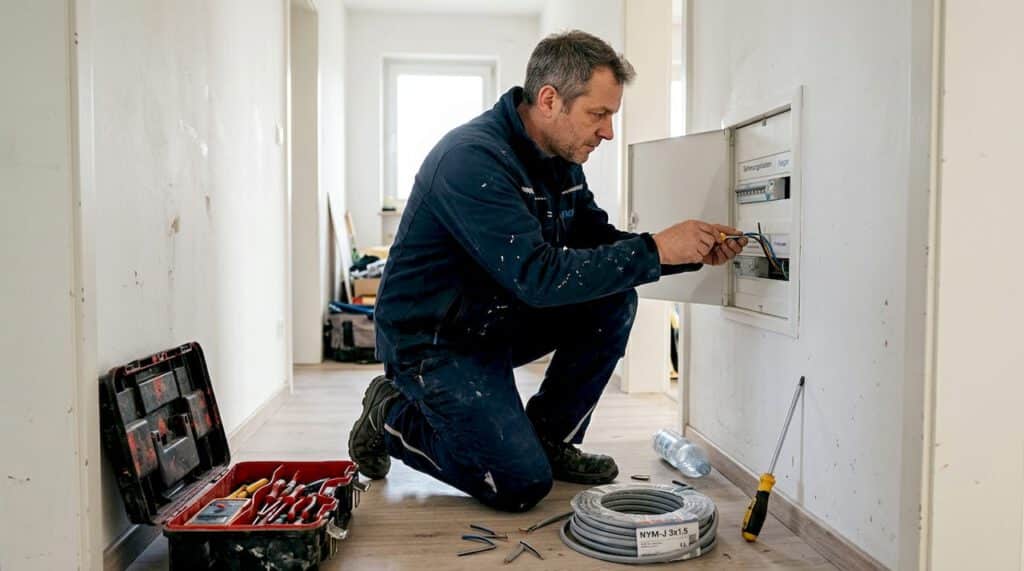 Elektriker Augsburg: Leitfaden für moderne Lösungen 1 Ein Fachmann für Elektrotechnik montiert einen neuen Sicherungskasten in einer Wohnung.