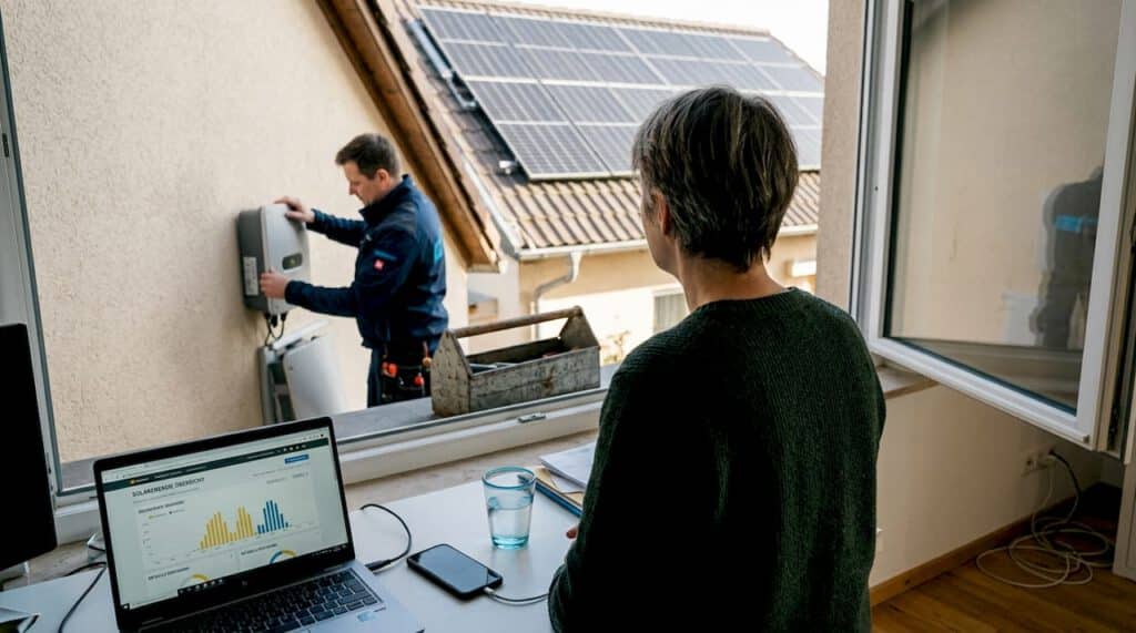 Photovoltaik-Trends 2026: Was Besitzer und Unternehmen wissen müssen 2 Ein Hausbesitzer schaut gespannt zu, wie auf seinem Dach die Solaranlage montiert wird.