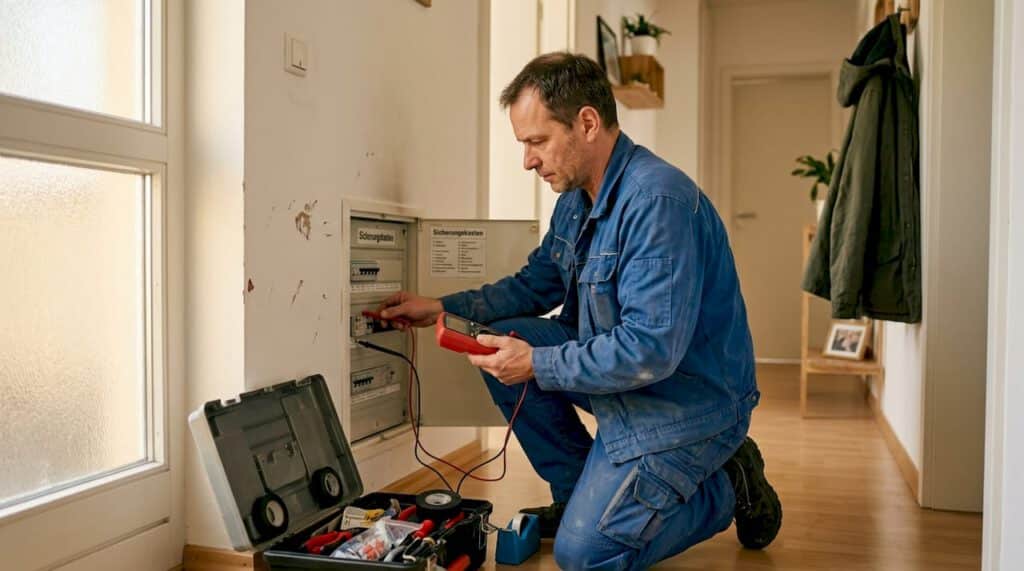 Elektriker in Schwäbisch Gmünd: Tipps für sichere Lösungen 1 Ein Elektriker führt eine Kontrolle am Sicherungskasten in einem Wohnhaus durch.