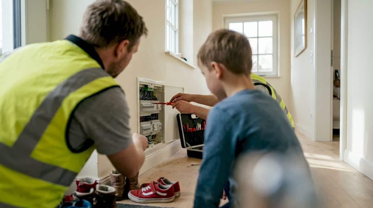 Ein Elektriker überprüft den Sicherungskasten im Haus. Ein Elektriker überprüft den Sicherungskasten im Haus.