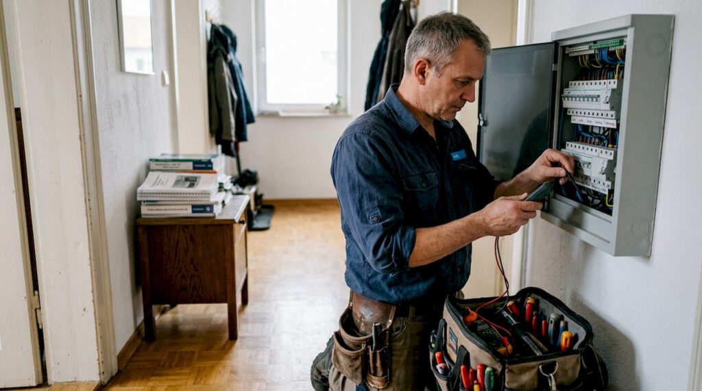 Ein Elektriker führt eine Kontrolle am Sicherungskasten in Heidenheim durch.