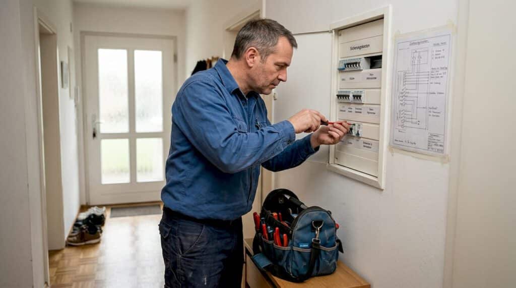Elektriker Köln finden: So gelingt Ihre Installation sicher 1 Ein Elektriker überprüft den Sicherungskasten in einer Wohnung in Köln.
