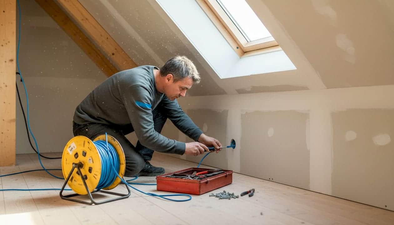 Im Dachgeschoss wird eine neue Steckdose vom Elektriker fachgerecht eingebaut. Im Dachgeschoss wird eine neue Steckdose vom Elektriker fachgerecht eingebaut.