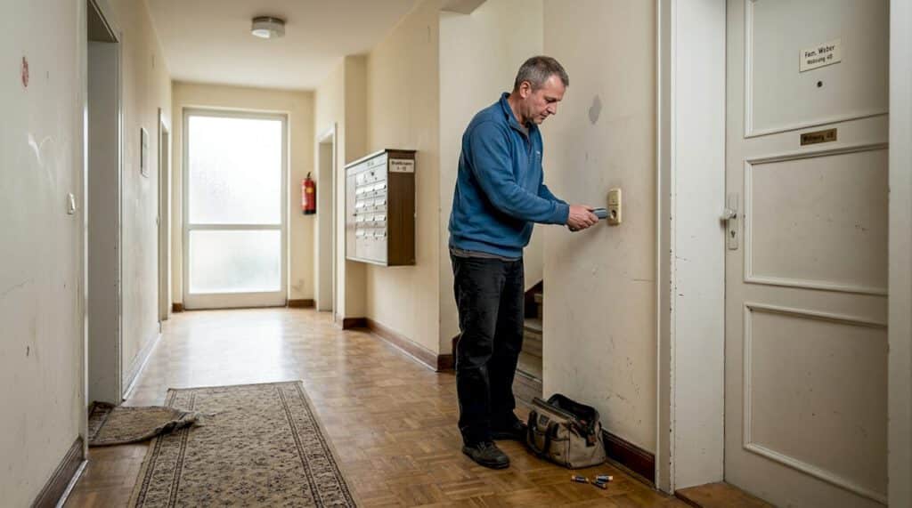 Elektrosicherheit prüfen: Guide für Augsburg 2026 2 Ein Hausbesitzer prüft die Steckdose im Flur.