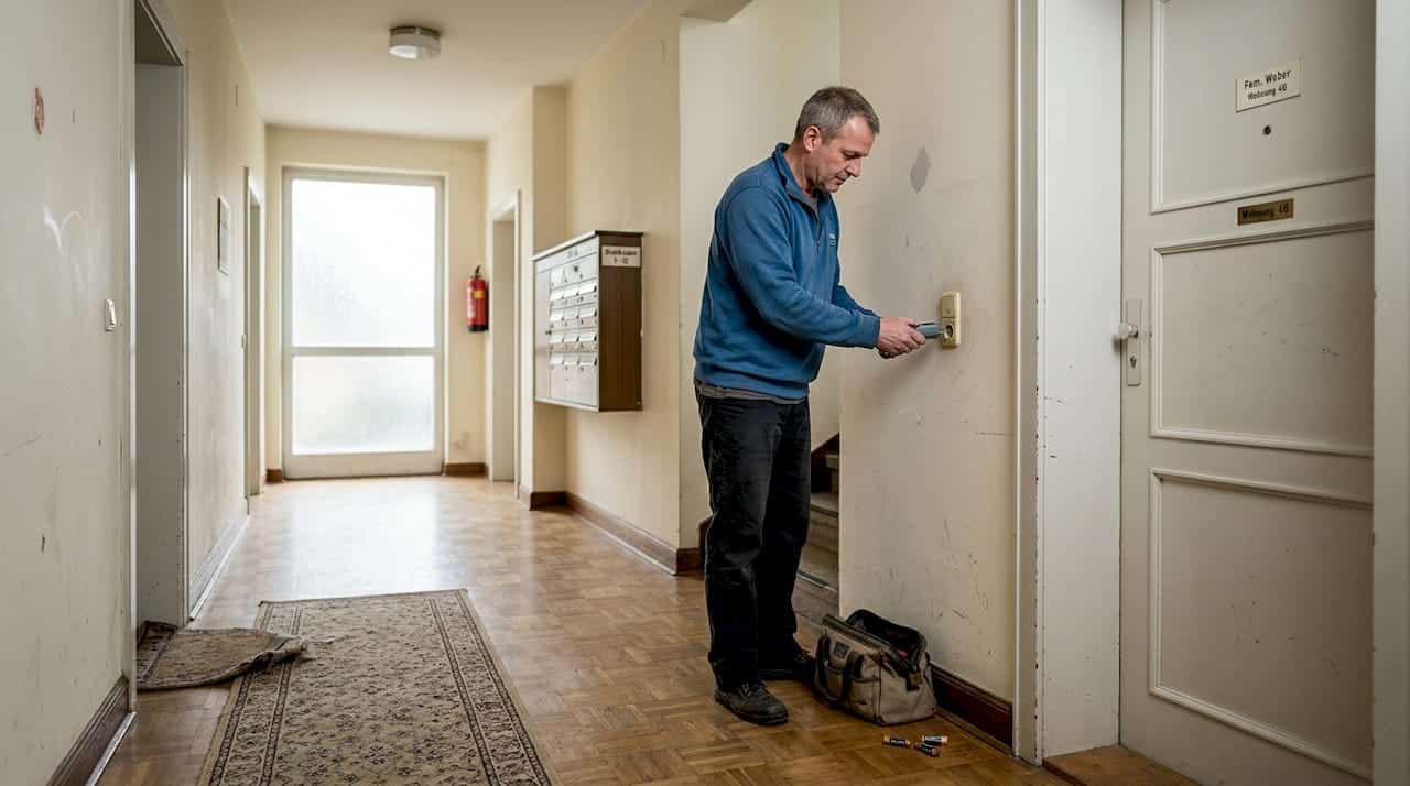 Ein Hausbesitzer prüft die Steckdose im Flur. Ein Hausbesitzer prüft die Steckdose im Flur.