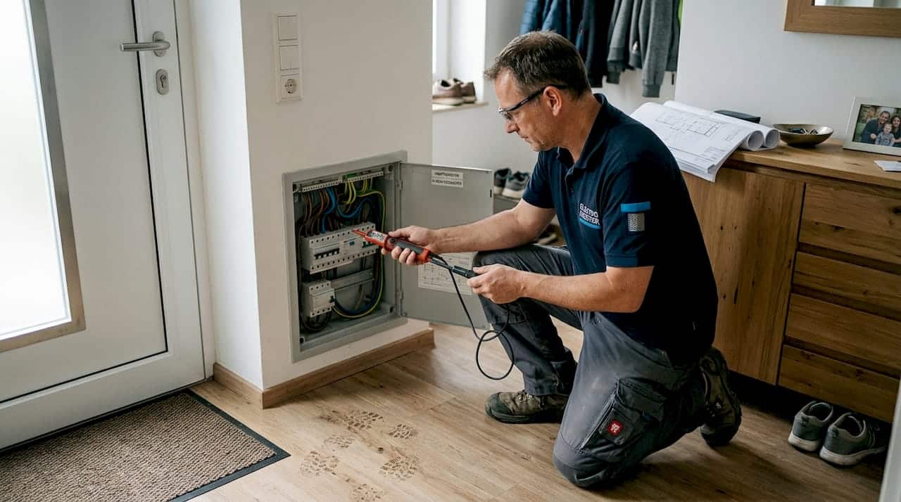 Ein Elektriker kontrolliert die Elektroinstallation direkt am Verteilerkasten. Ein Elektriker kontrolliert die Elektroinstallation direkt am Verteilerkasten.