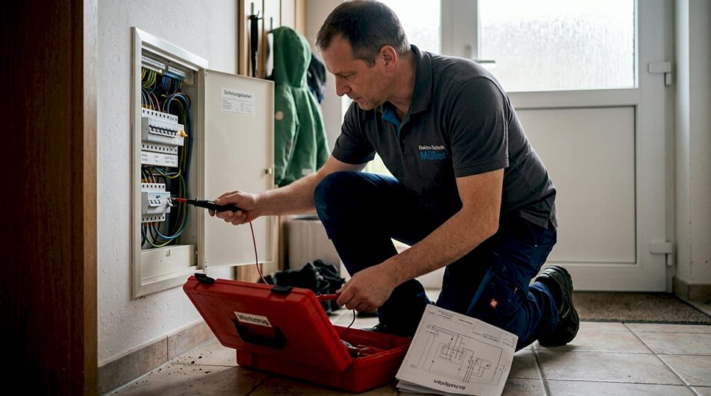 Gebäudeinstallation Elektro: Smarte Lösungen für Haushalt 7 Ein Elektriker kontrolliert die Elektroinstallation im Flur.